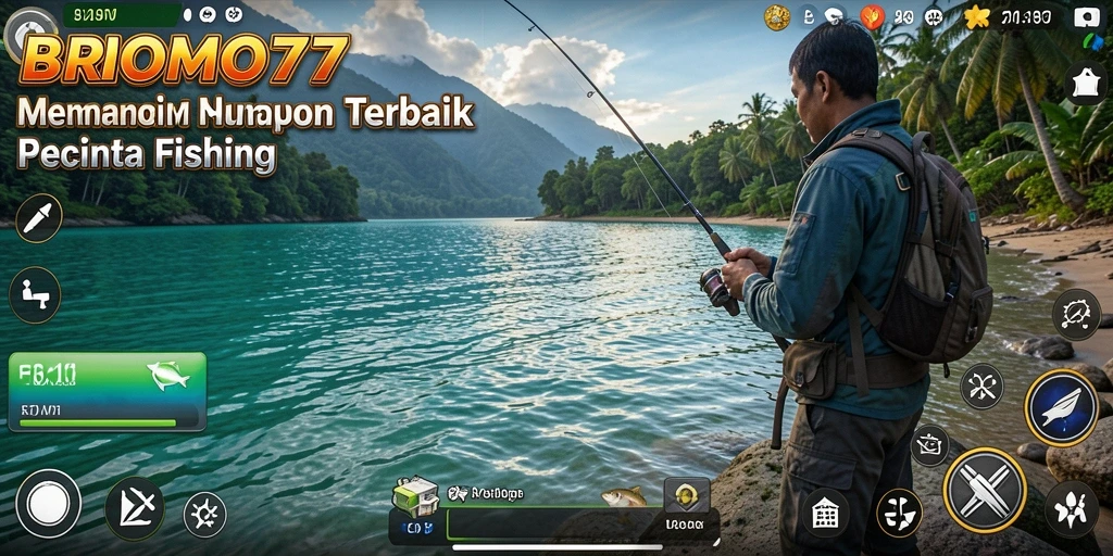Screenshot gameplay BROMO77 menampilkan aktivitas memancing yang seru.