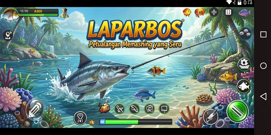 Tampilan gameplay utama LAPARBOS saat menangkap ikan besar.