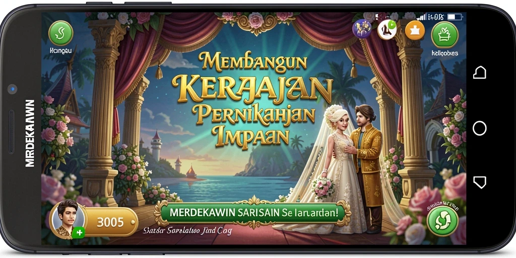 Screenshot gameplay MERDEKAWIN yang menampilkan pesta pernikahan yang megah.