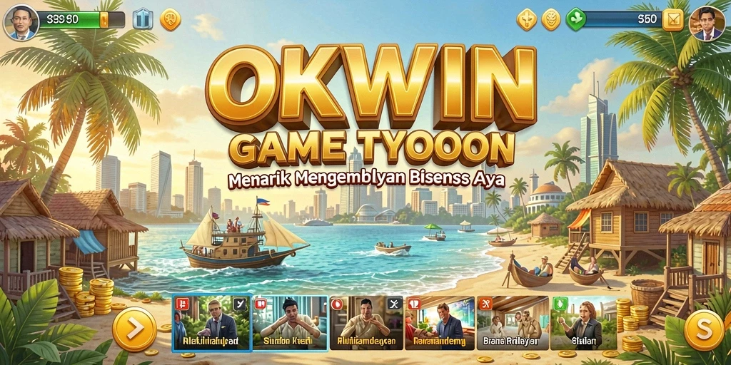 Screenshot gameplay OKWIN menampilkan manajemen bisnis yang dinamis.