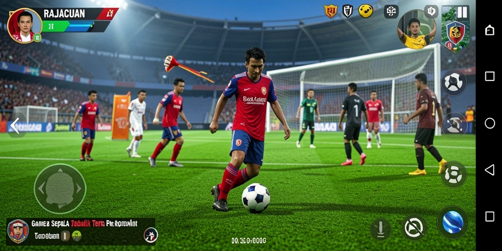 Tangkapan layar gameplay RAJACUAN yang penuh aksi dan strategi sepak bola.