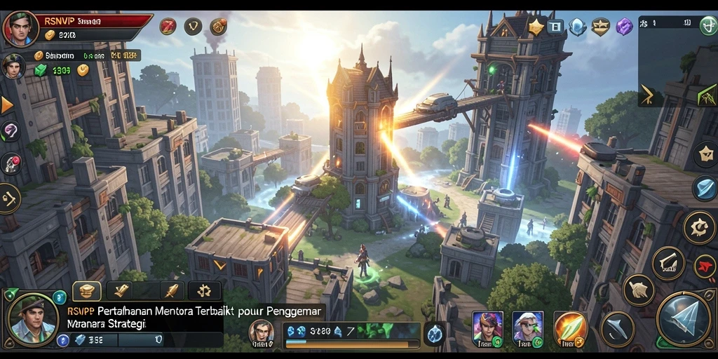 Gameplay RSNVIP yang menampilkan pertarungan menara melawan gelombang musuh.