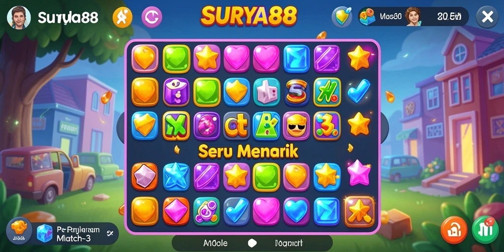 Screenshot SURYA88 menampilkan gameplay Match-3 yang menarik dan berwarna.