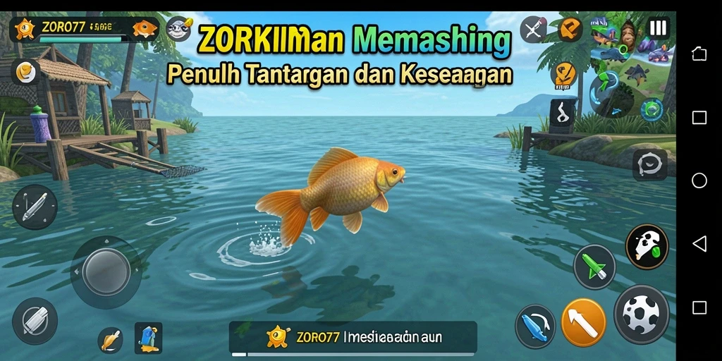 Screenshot gameplay ZORO77 menampilkan pengalaman memancing yang mendebarkan.